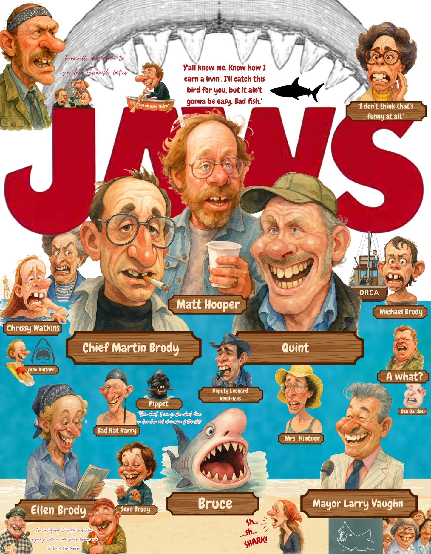 JAWS by DAN CARTER. Canvas Print - Iconic Cartoon Design with Enhanced Texture